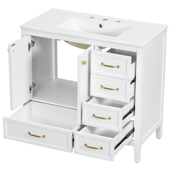 English Elm 36" Solid Pine Bathroom Vanity with Ceramic Sink 4 Soft Close Drawers Vintage Style White N759S293646K