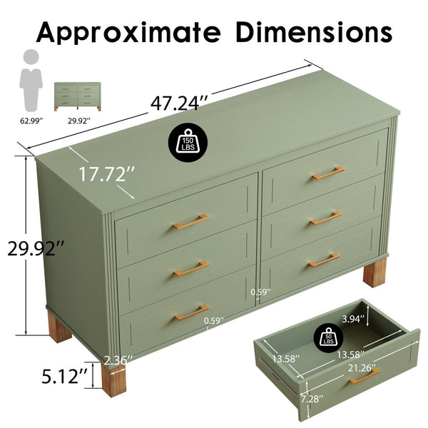 English Elm 6-drawer Double Dresser Solid Wood Legs Mid-century Modern Bedroom Storage Cabinet W1445S00010