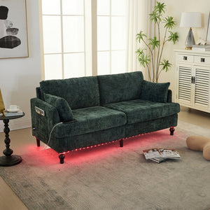 English Elm Modern chenille 2-seater sofa with LED lighting, USB charging, storage pocket, sturdy wood legs Emerald W395P318546