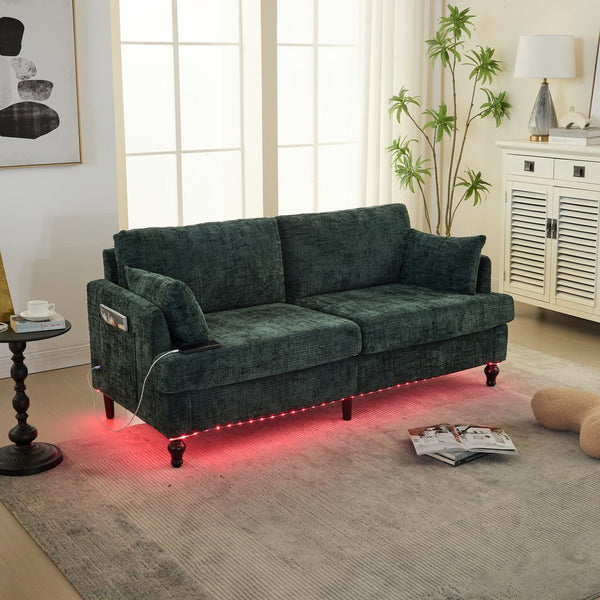 English Elm Modern chenille 2-seater sofa with LED lighting, USB charging, storage pocket, sturdy wood legs Emerald W395P318546