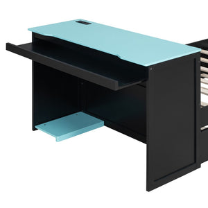 English Elm Twin Wood Gaming Daybed with Trundle Built-in Desk Rgb Lighting and Usb Port Black+Blue LT000283AAC