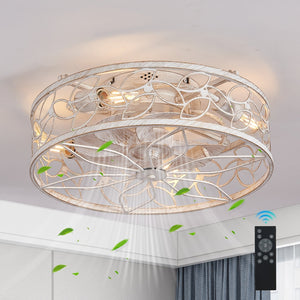 English Elm 18-inch Vintage Caged Ceiling Fan Light with Remote, Quiet DC Motor, Industrial Farmhouse Fixture White W1340P246415