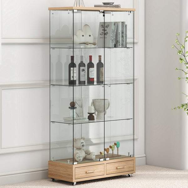 English Elm Modern Glass Display Cabinet With Led Lighting, 2 Drawers & 4 Shelves For Stylish Storage Solutions W241S00060