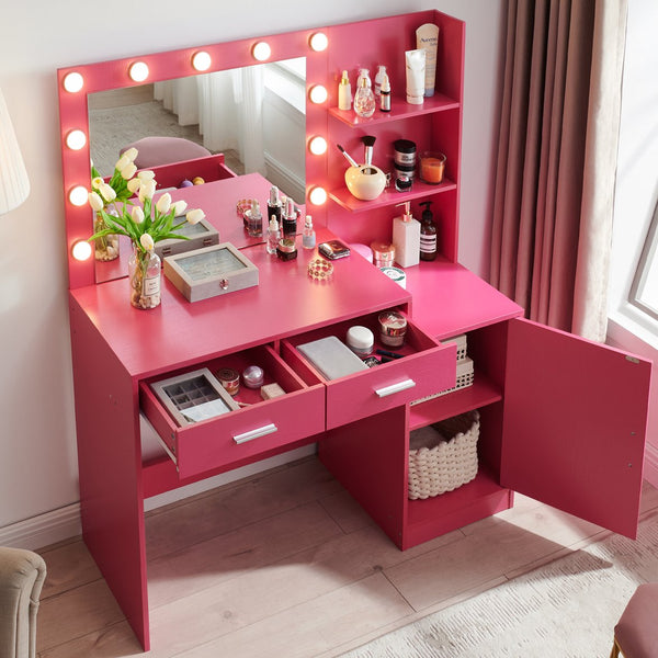 English Elm Vanity 46.4IN Dressing Table with LED Mirror Lights, 2 Spacious Drawers & Vertical Organizer, Eco-Friendly Surface and Adjustable Brightness for Bedroom Use Rose Pink W2386P200059