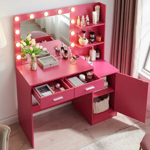 English Elm Vanity Desk with Lighted Mirror Adjustable Brightness and 2 Drawer Mdf Bedroom Table W2386P475280