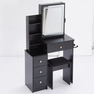 English Elm 29.2" Compact Vanity Table Set With Led Mirror, Power Station, Cushioned Stool, Hair Dryer Bracket W936P226040