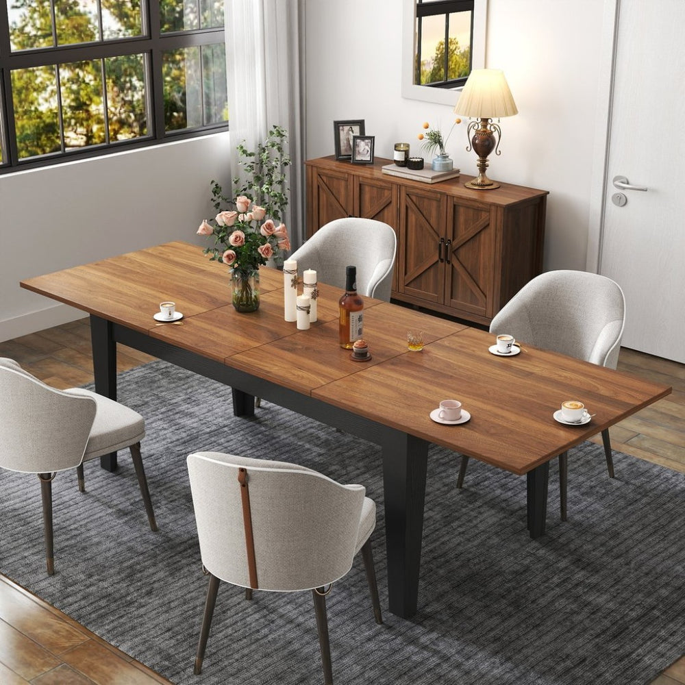 English Elm Dining Table Extendable Woodgrain Melamine Top Seats up to Ten Open Plan Kitchen Walnut+Black W331S00206