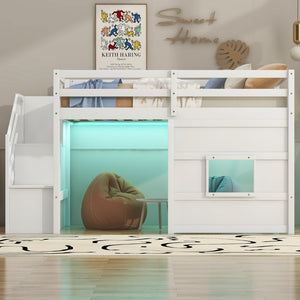 English Elm Twin Loft Bed Pinewood Frame with Storage Staircase Led Lighting and Window Cutout White GX000436AAK