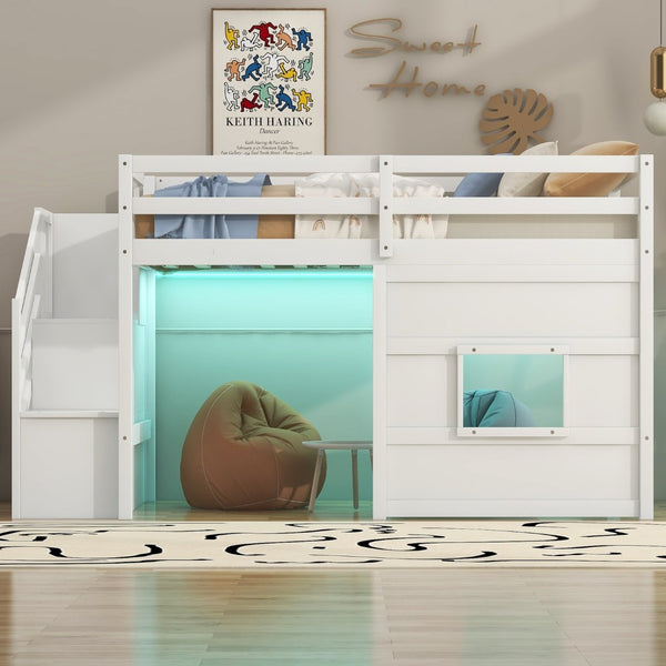 English Elm Twin Loft Bed Pinewood Frame with Storage Staircase Led Lighting and Window Cutout White GX000436AAK