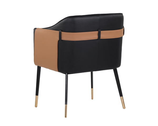 Sunpan Carter Barrel Back Dining Armchair in Faux Leather with Stylish Copper Foot Caps and Steel Legs Napa Black / Napa Cognac