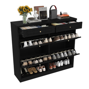 English Elm Wooden Farmhouse Entryway Shoe Cabinet with Six Drawers for Organized Hallway Storage Black W1580P402824