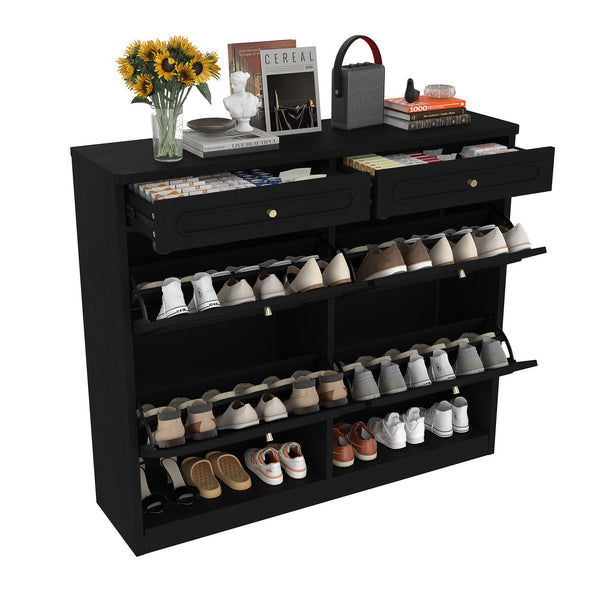 English Elm Wooden Farmhouse Entryway Shoe Cabinet with Six Drawers for Organized Hallway Storage Black W1580P402824