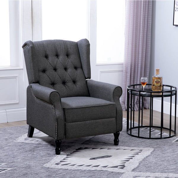 English Elm HOMCOM Vintage Tufted Wingback Recliner Chair with Retractable Footrest, Linen Upholstery, Grey - Adjustable Comfort and Solid Frame W2225P217220