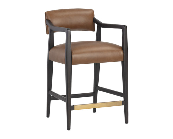 Sunpan Keagan Bar Stool - Mid-Century Design with Dark Brown Oak Frame and Artisan Leather Craftsmanship Shalimar Tobacco Leather