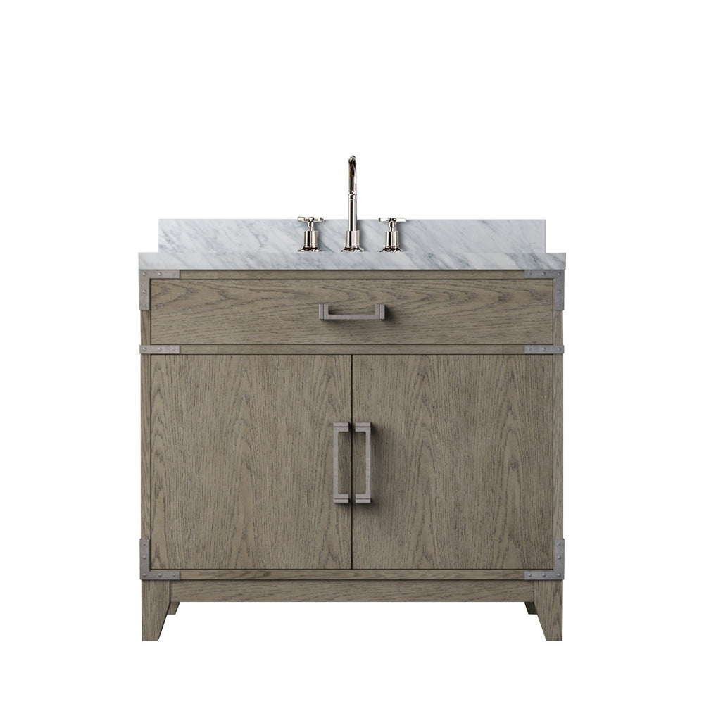 English Elm Grey Oak Single-Sink Vanity With Hand-Finished Carrara Marble Top & Polished Chrome Faucet Set B2731P259797