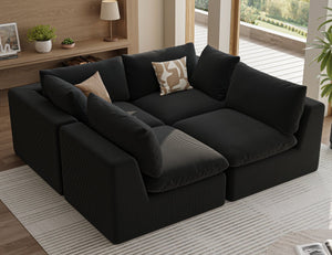 English Elm Modular L Shaped Sectional Sofa in Corduroy Fabric Seats Four with Chaise Lounge Black W1955S00005
