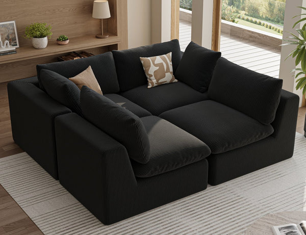 English Elm Modular L Shaped Sectional Sofa in Corduroy Fabric Seats Four with Chaise Lounge Black W1955S00005