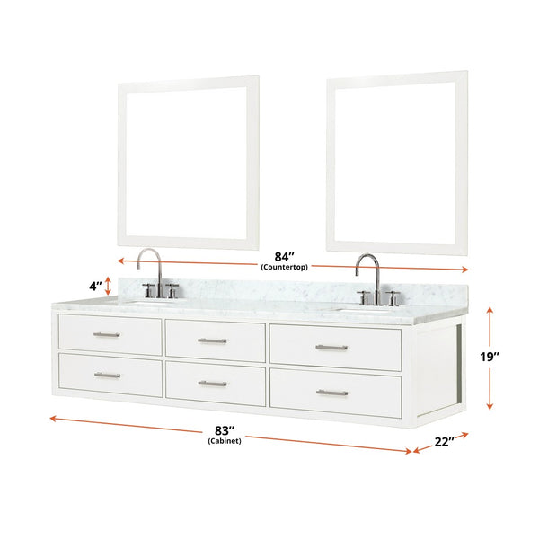 English Elm White Double Bath Vanity Set With Carrara Marble Top, Faucets & Matching Mirrors For Elegant Spaces B2731S01843-GIGA