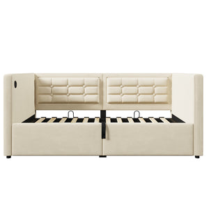 English Elm Upholstered Twin Daybed with Hydraulic Storage, Velvet Tufted Sofa Back, USB & Type-C Charging Port Beige N736P303402B