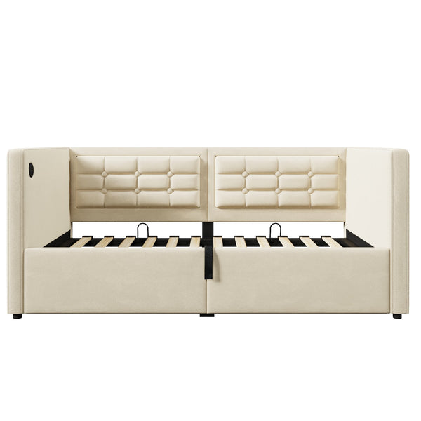 English Elm Upholstered Twin Daybed with Hydraulic Storage, Velvet Tufted Sofa Back, USB & Type-C Charging Port Beige N736P303402B