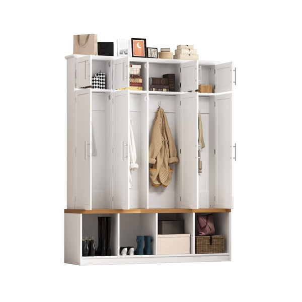 English Elm Wood Entryway Hall Tree with Bench Seating Coat Hooks Shoe Cubbies Cabinet White W5271S00004