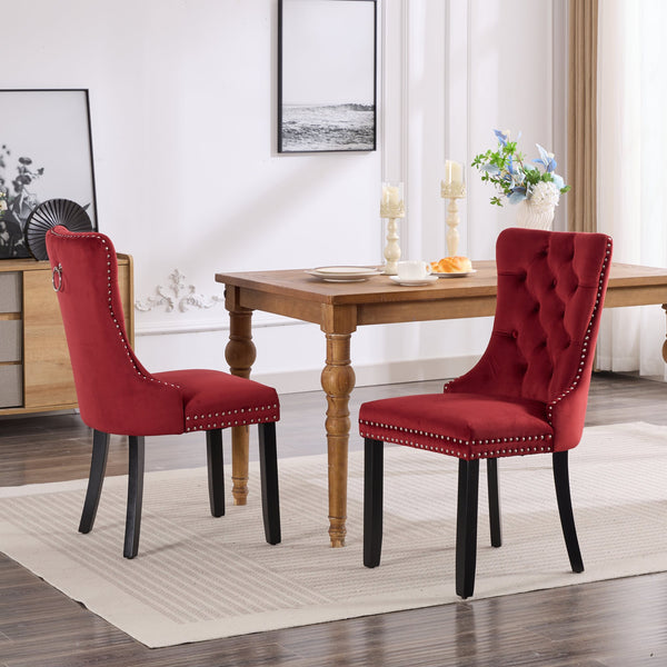 English Elm Classic Velvet Tufted Dining Chairs Set of 2 Burgundy – Solid Wood Frame, High-Rebound Sponge, Nailhead Trim, 300lb W114391510