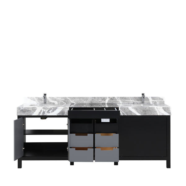 English Elm Black Double Bath Vanity 84" W X 22" D With Castle Grey Marble Top & Chrome Faucet - Modern Storage Solution B2731P261132