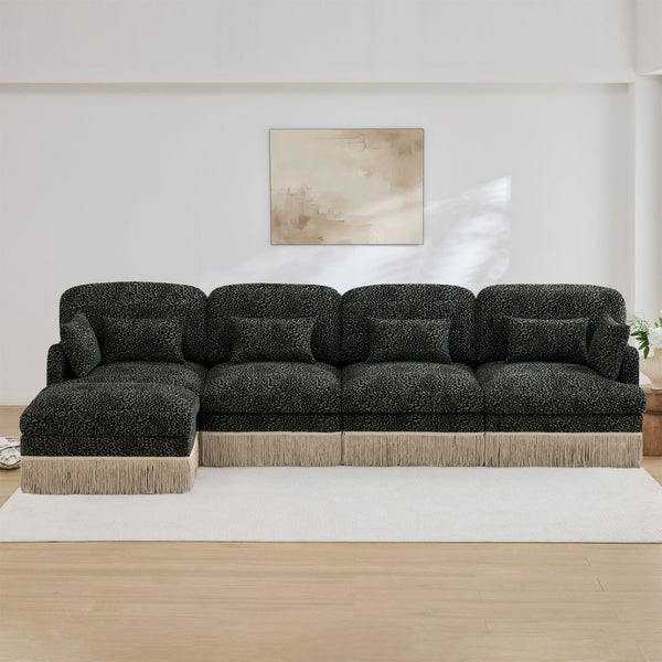 English Elm 131"comfy Chenille Leopard Print Sectional Sofa with Tassel Trim and Movable Ottoman Green W5656S00035