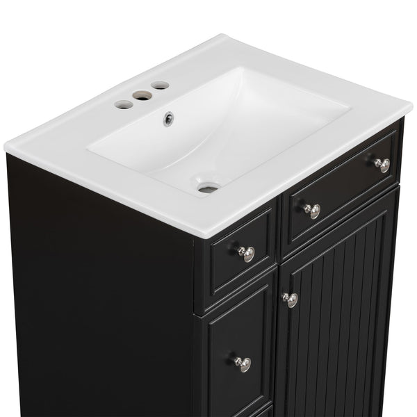 English Elm 24-Inch Bathroom Vanity Cabinet with Ceramic Sink, Space-Saving Storage, Solid Wood Feet, Durable Finish Black WF532034AAB