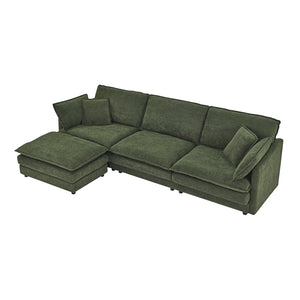 English Elm Modern Sectional Convertible Sofa with Ottoman, Oversized L-Shaped 4-Seater Towel Fabric Comfort Green W1413S00081