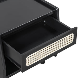 English Elm Black Rattan Panel Nightstand with Open Shelf Drawer Mdf Modern Bedroom Storage N770P374577B