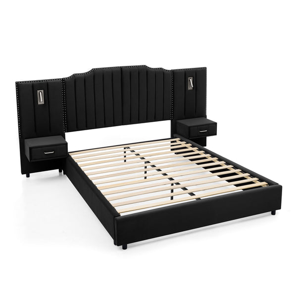 English Elm Queen Velvet Platform Bed with Tufted Headboard Integrated Nightstands and Striped Design Black W487S00441