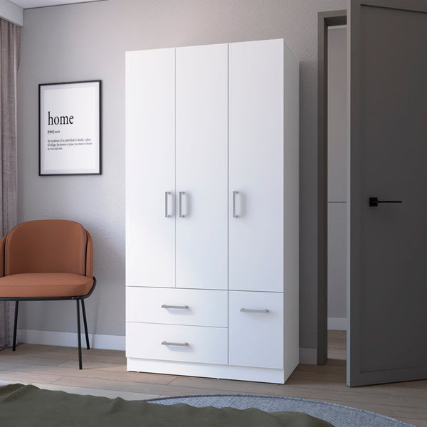 English Elm Four Door Armoire Crosby White - Spacious Engineered Wood Wardrobe with Hanging Rod, Shelves & Drawers B092S00265