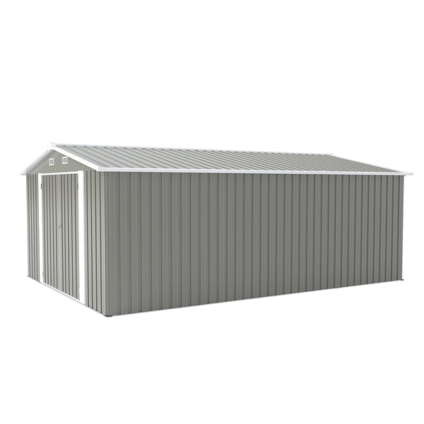 English Elm Campcraft Metal Storage Shed 10x14 Ft with Lockable Doors Vented Sloped Roof Backyard Light Gray W1598S00050