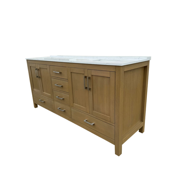 English Elm 72" Oak Double Basin Bathroom Vanity with Soft Close Drawers and Carrara Top T3785P442239