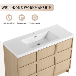 English Elm 48" Floating Bathroom Vanity Dual Ceramic Vessel Sinks Oak Finish Soft Close Doors W999S00511