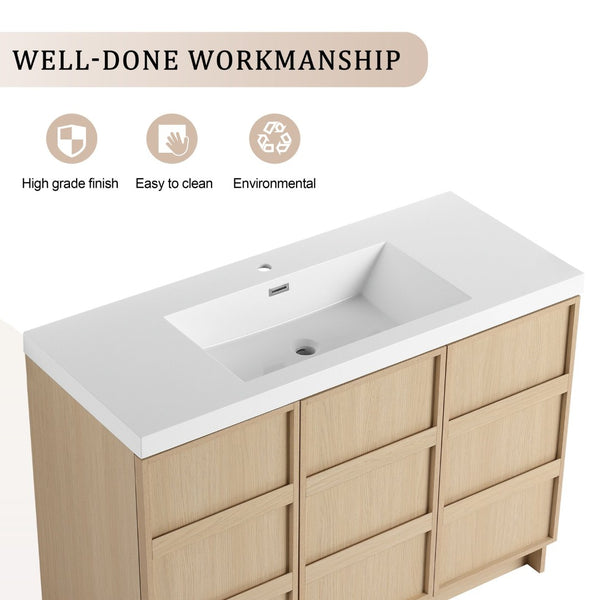 English Elm 48" Floating Bathroom Vanity Dual Ceramic Vessel Sinks Oak Finish Soft Close Doors W999S00511