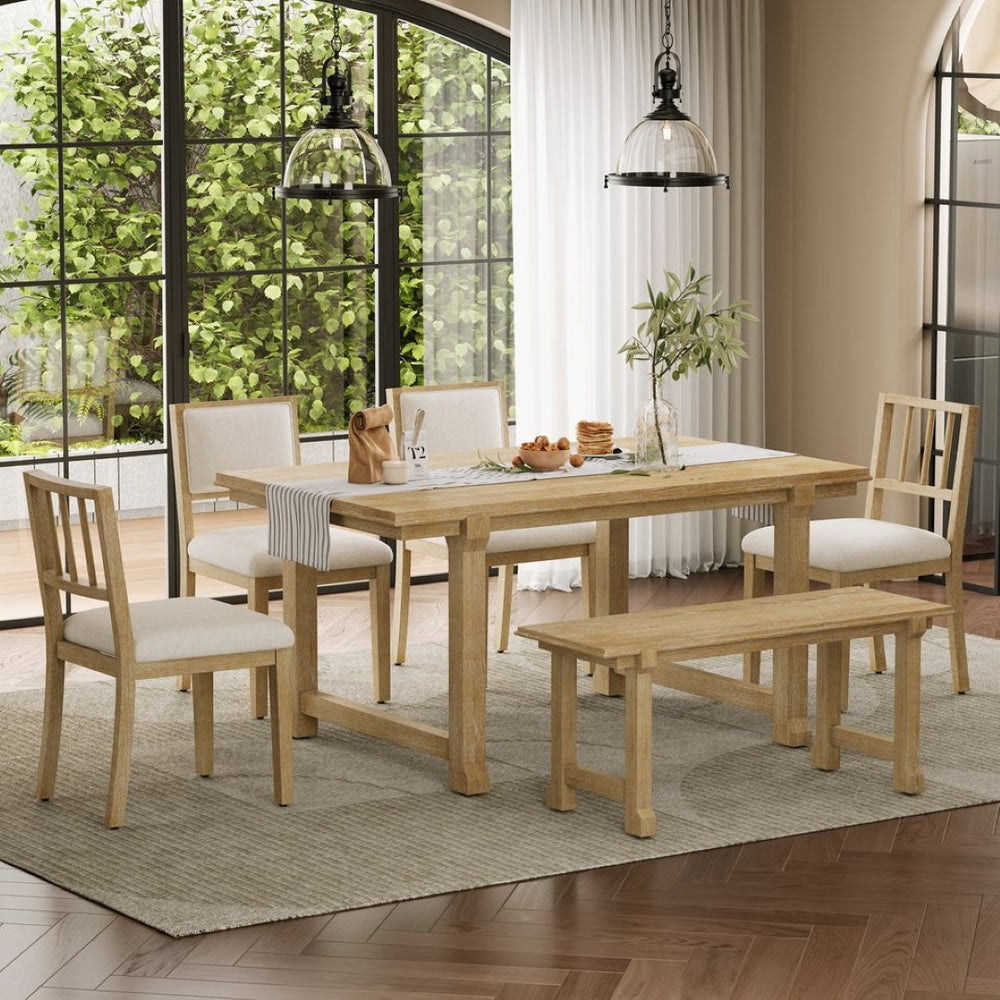 English Elm Trexm Farmhouse Dining Set Seats Six Oak Veneer Table Mixed Chairs Bench Included Beige,Natural Wood Wash ST000156AAE