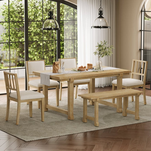 English Elm Trexm Farmhouse Dining Set Seats Six Oak Veneer Table Mixed Chairs Bench Included Beige,Natural Wood Wash ST000156AAE