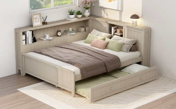 English Elm Full Full Size Wood Daybed with Trundle, Antique White Milk Finish, Built-In Storage Shelves & Charming Design N7090002225K