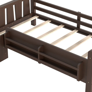 English Elm Twin Pine Floor Bed for Kids with Side Bookcases Built-in Stairs and Safety Guardrails Espresso W1580P390217
