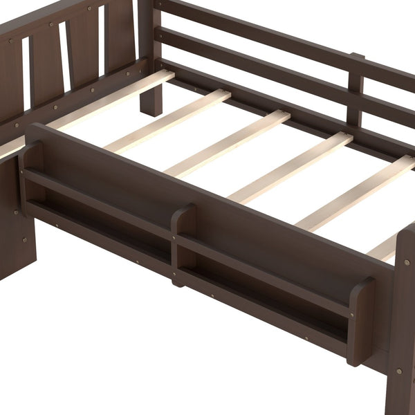 English Elm Twin Pine Floor Bed for Kids with Side Bookcases Built-in Stairs and Safety Guardrails Espresso W1580P390217