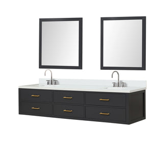 English Elm Black Double Bath Vanity 84" W X 22" D With White Quartz Top, Chrome Faucets & Matching Mirrors Set B2731S01849