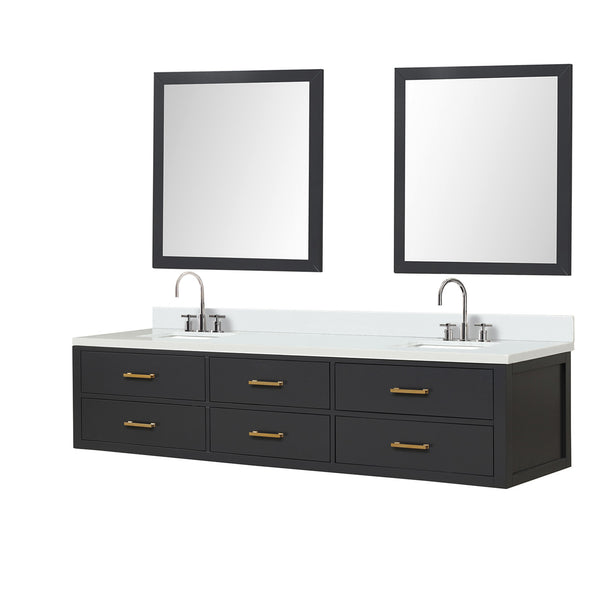 English Elm Black Double Bath Vanity 84" W X 22" D With White Quartz Top, Chrome Faucets & Matching Mirrors Set B2731S01849