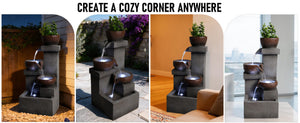 English Elm Outdoor Cascading Tiered Resin Stone Fountain with Led Lights and Integrated Planter W5397P462032