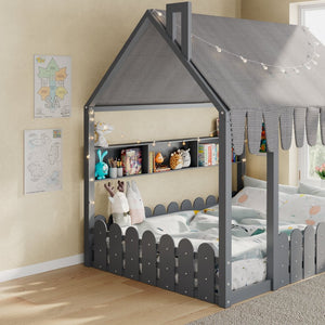 English Elm {slats Are Not Included} Twin Montessori House Floor Bed Kids Tent Lights Shelves Pinewood Frame Gray N708P407963E