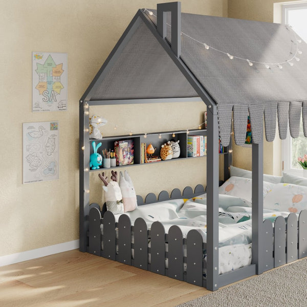 English Elm {slats Are Not Included} Twin Montessori House Floor Bed Kids Tent Lights Shelves Pinewood Frame Gray N708P407963E