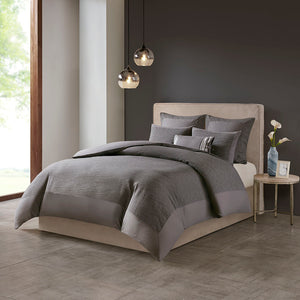 JLA Home N Natori - Cotton Yarn-Dyed 3-Piece Duvet Cover Set with Textured Cottage Appeal, Button Closure & Ties Grey NS12-3251