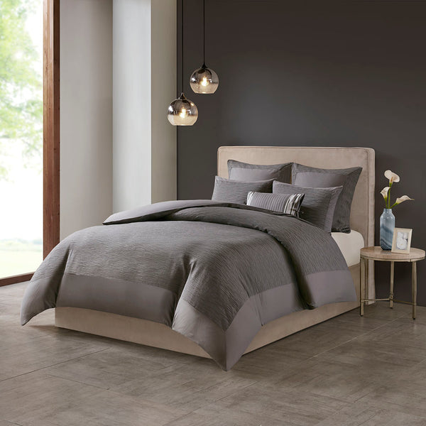 JLA Home N Natori - Cotton Yarn-Dyed 3-Piece Duvet Cover Set with Textured Cottage Appeal, Button Closure & Ties Grey NS12-3251