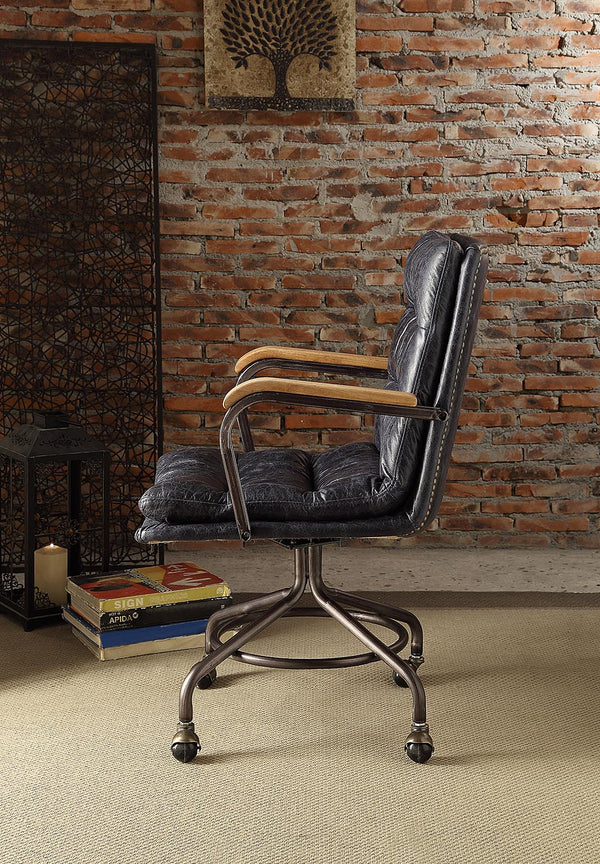 English Elm Vintage Vintage Blue Swivel Office Chair in Top Grain Leather with Wooden Arms, Casters, Metal Frame Elegance B062P189214